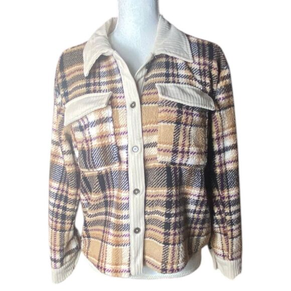 Fred David Brown Cream Plaid Sherpa Corduroy Cropped Button Down Jacket Sz Small - Picture 1 of 4